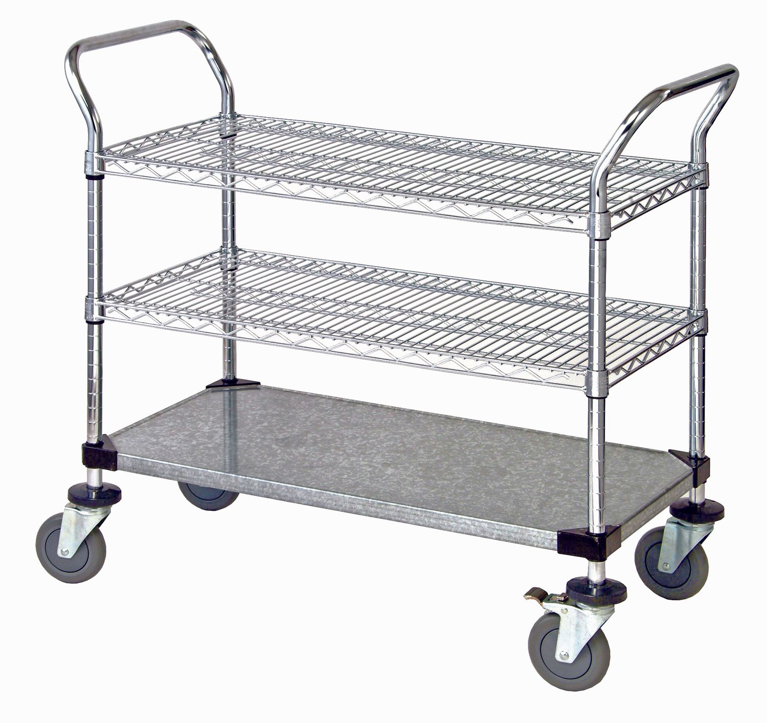 Utility Cart - 2 Chrome Wire 1 Solid Galvanized Shelf