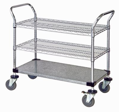 Utility Cart - 2 Chrome Wire 1 Solid Galvanized Shelf