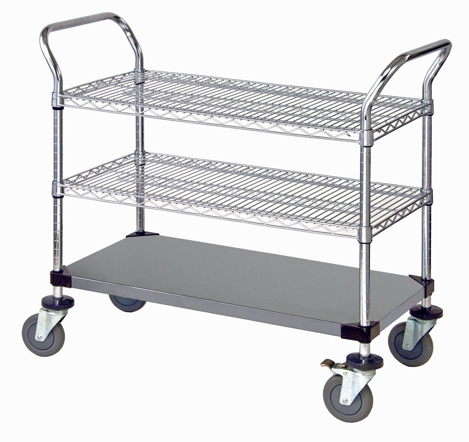 Utility Cart - 2 Stainless Wire 1 Stainless Solid Shelf