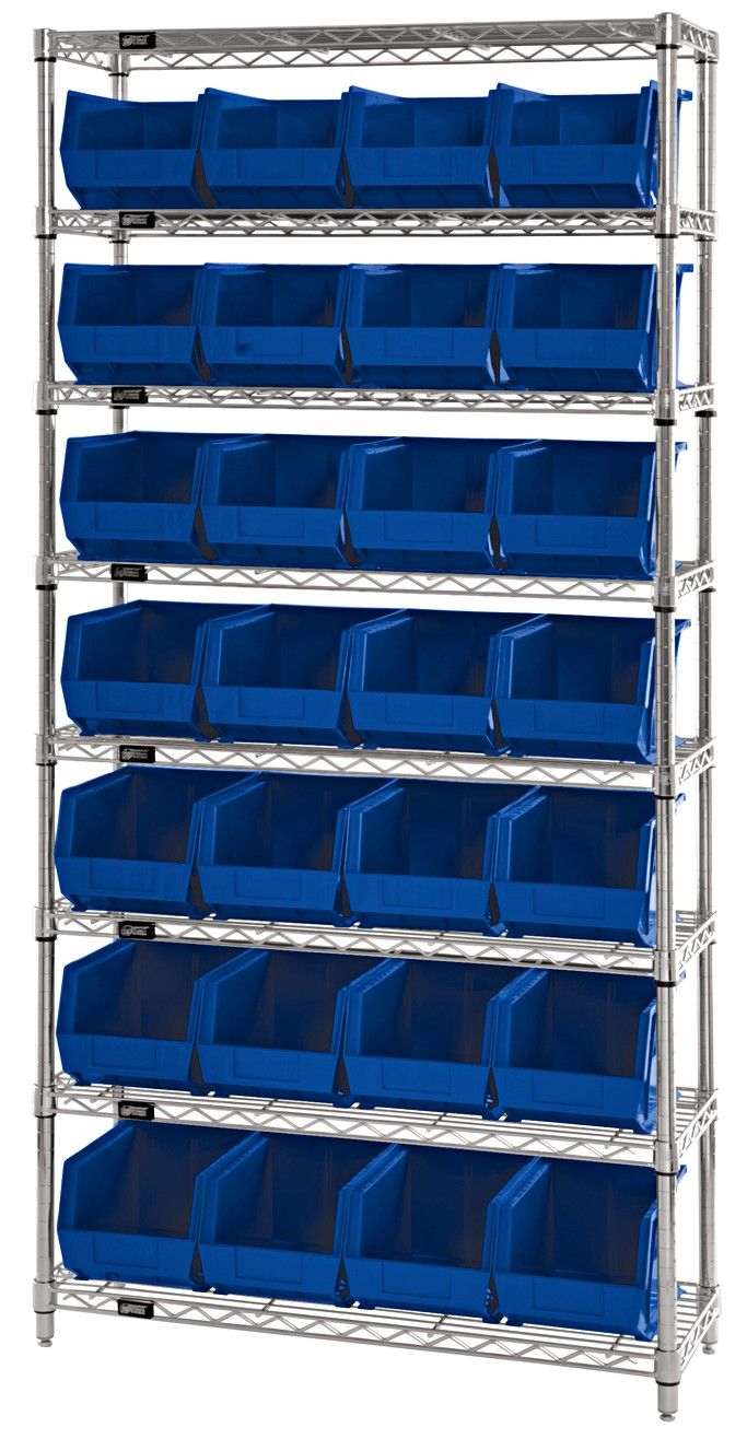 WR8-240 - Wire shelving w/QUS240 bins, Colour: Blue