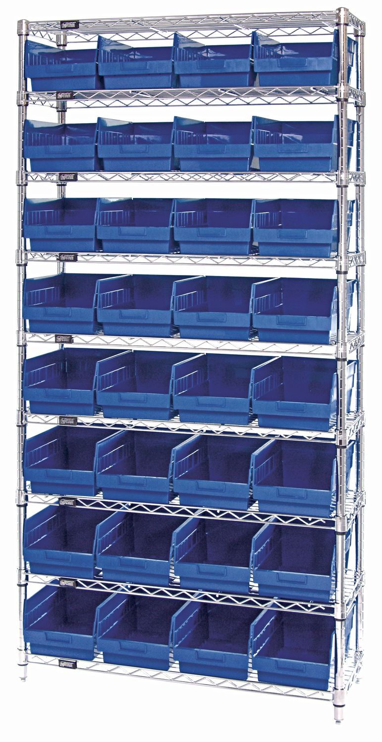 WR9-208 - Wire shelving w/QSB208 bins, Colour: Blue