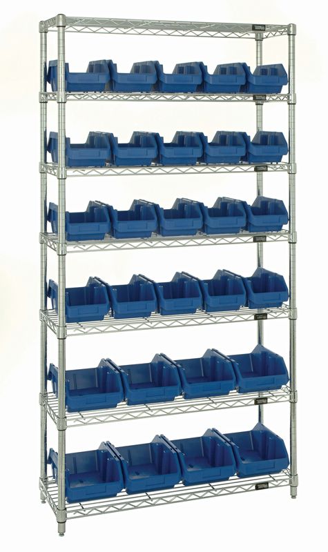 W7-12-28 Wire shelving w/QP1265, QP1285 bins, Colour: Blue