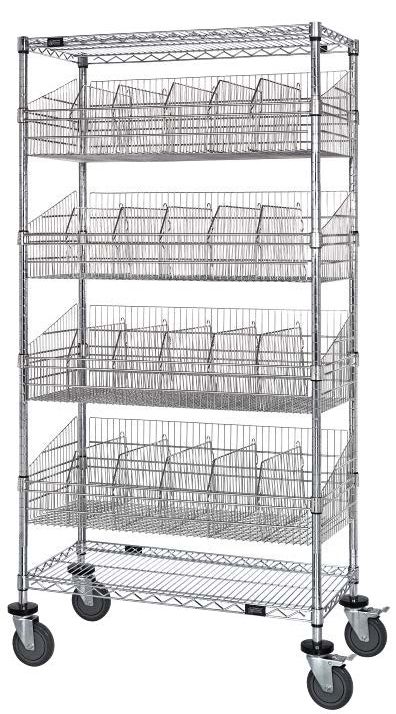 Mobile 4 Post Basket unit w/Solid shelf + Acc
