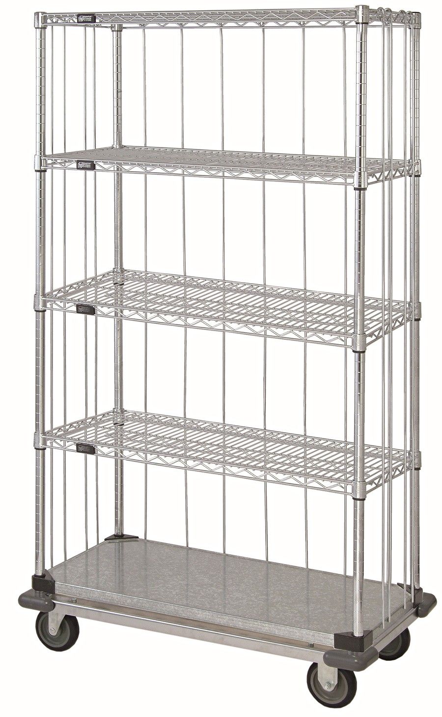 Wire/solid shelving dolly base cart - 3 sided rod enclosure