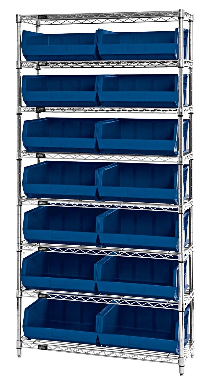 WR8-250 - Wire shelving w/QUS250 bins, Colour: Blue