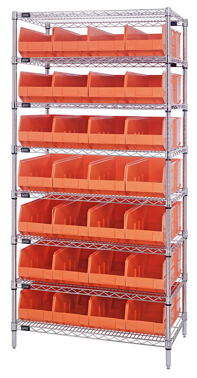 WR8-463 - Wire shelving w/SSB463 bins, Colour: Orange