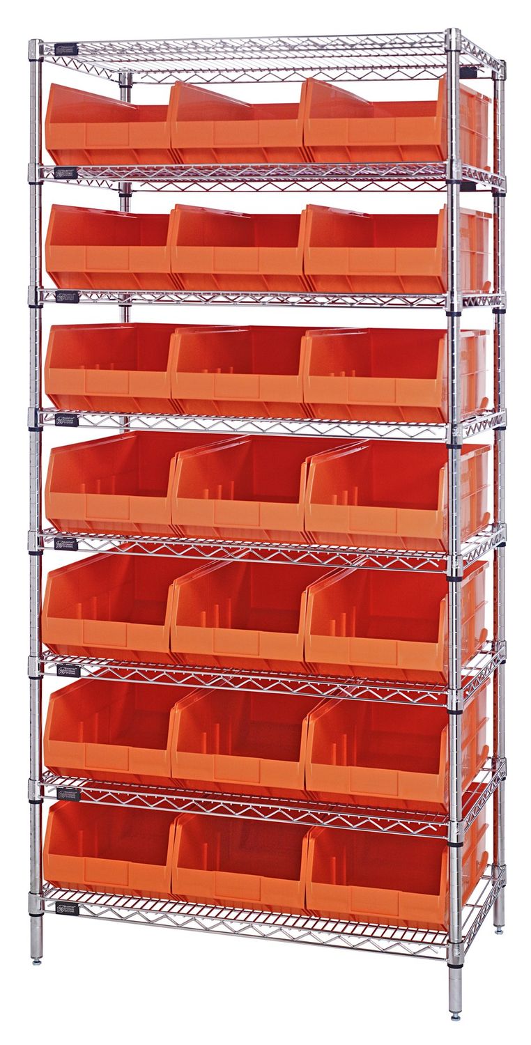 WR8-465 - Wire shelving w/SSB465 bins, Colour: Orange