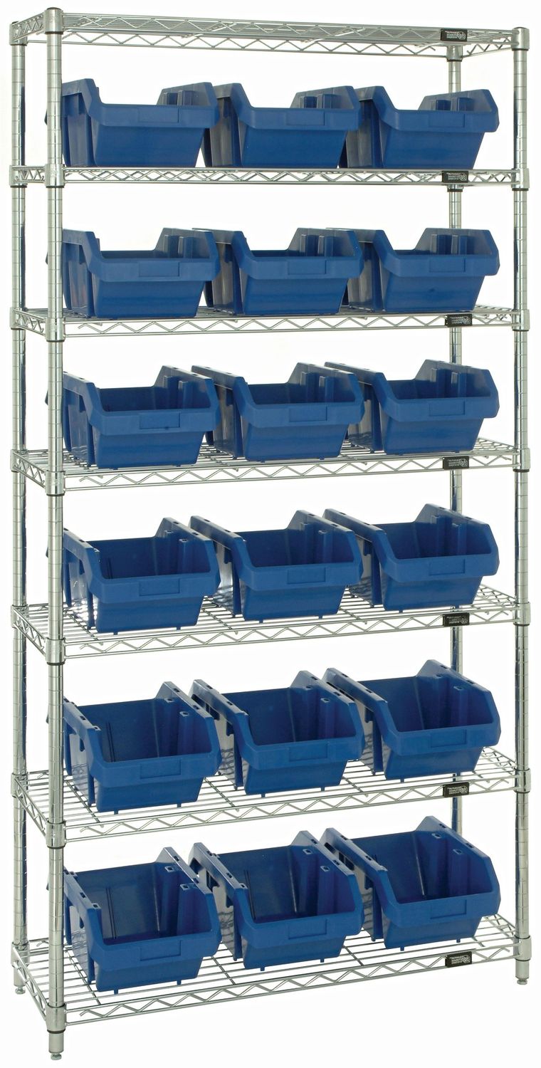 W7-14-18 WIre shelving w/QP1496 bins, Colour: Blue