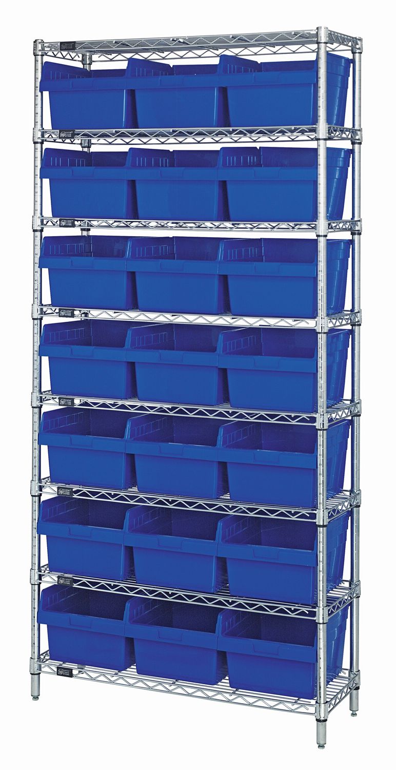 WR8-816 - Wire shelving w/QSB816 bins, Colour: Blue