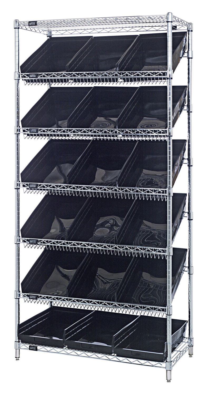 WRS-7-110 Sloped wire shelving w/QSB110 bins, Colour: Black