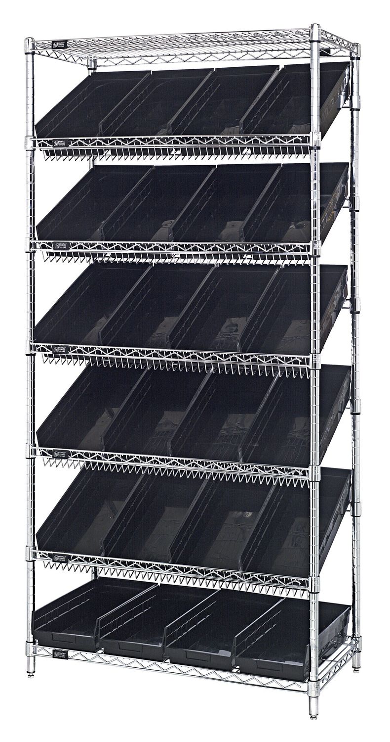 WRS-7-108 Sloped wire shelving w/QSB108 bins, Colour: Black
