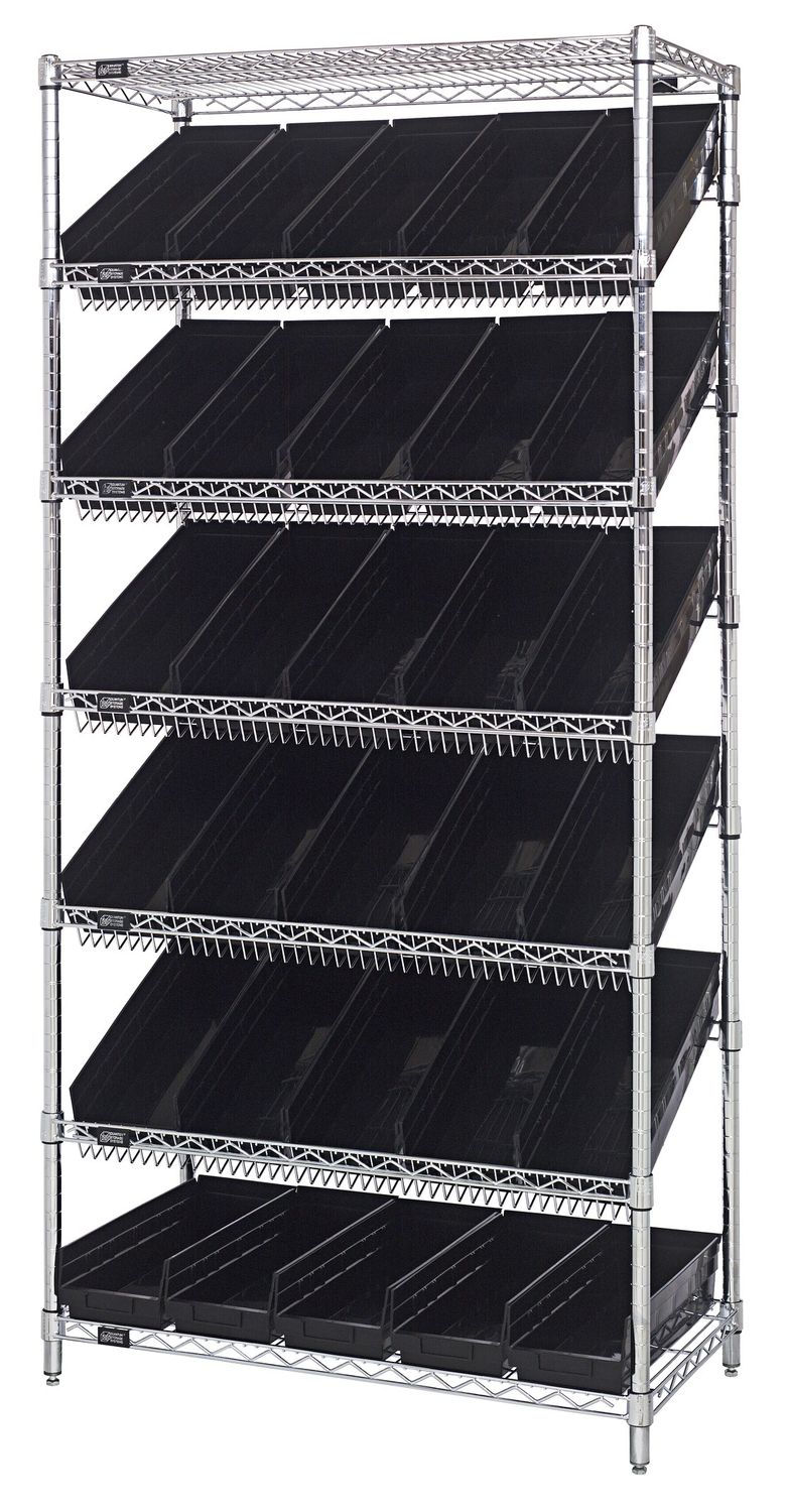 WRS-7-104 Sloped wire shelving w/QSB104 bins, Colour: Black