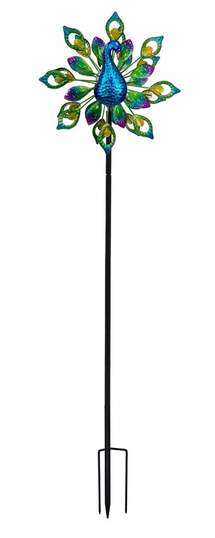 Gartenstecker Pfau | Windrad | LED | Solarpanel | Lichtsensor | Farbwechsel | 190 cm H