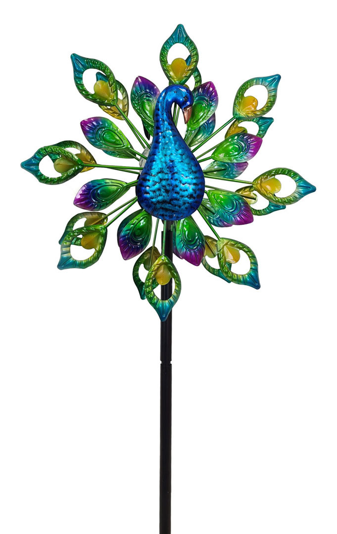 Gartenstecker Pfau | Windrad | LED | Solarpanel | Lichtsensor | Farbwechsel | 190 cm H