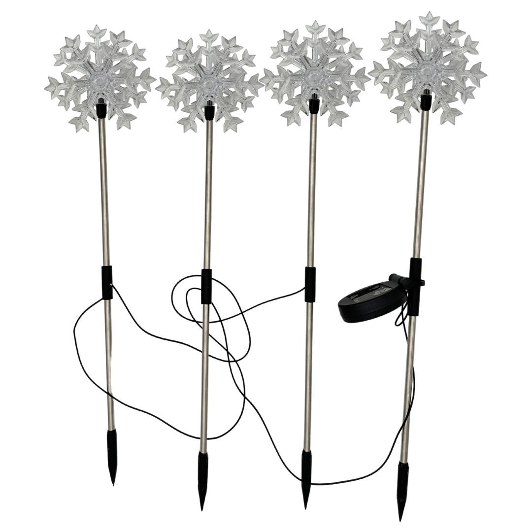 Gartenstecker Schneeflocken | 4er Set | LEDs | Solarpanel | Lichtsensor