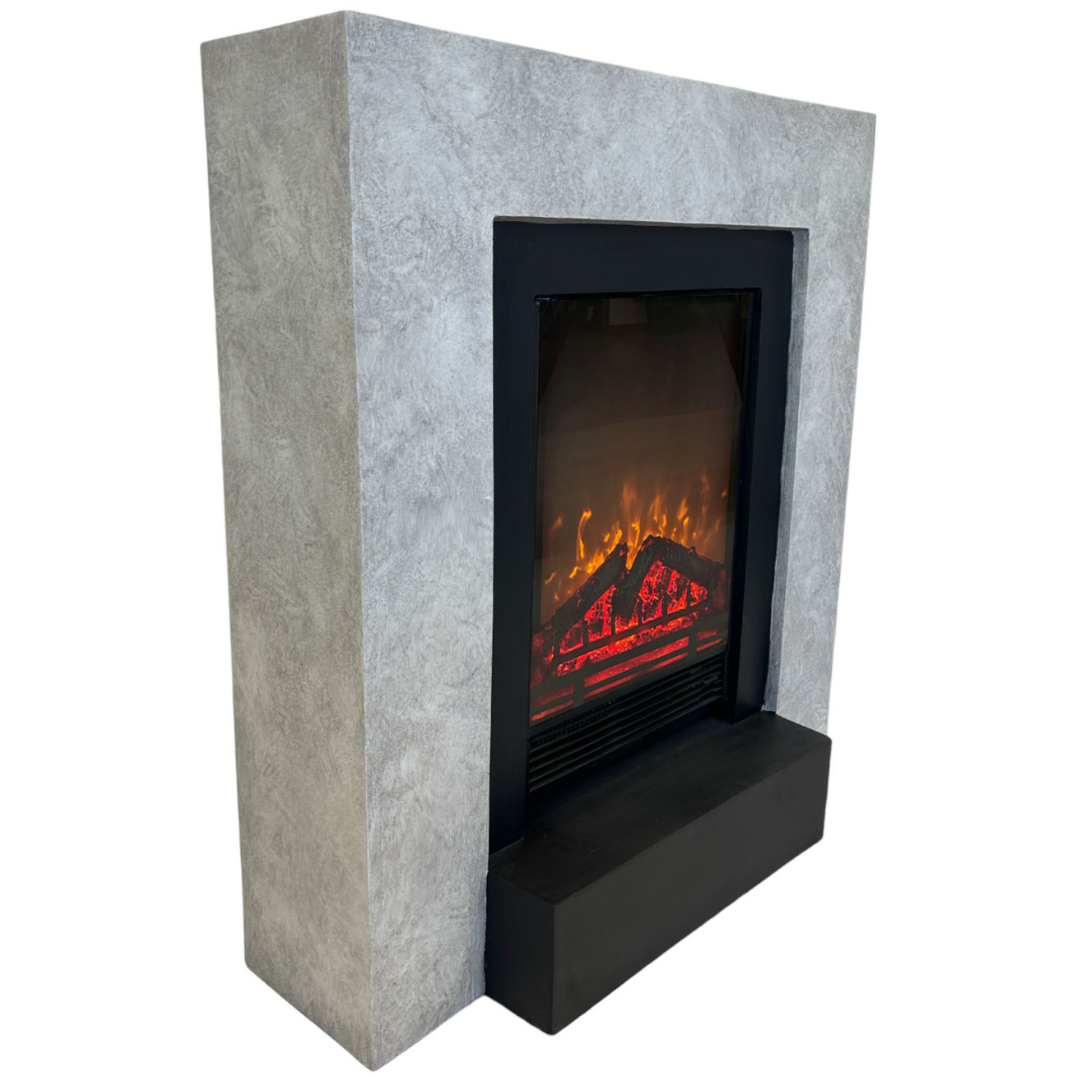 Moderner Elektrokamin in Betonoptik mit Heizfunktion |  Minimalistisches Design trifft Wohlfühlatmosphäre