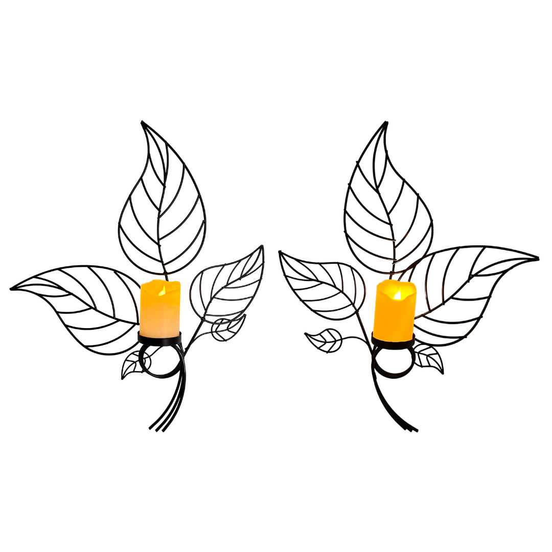 Wanddeko Blätter | LED-Kerzen | Flackereffekt | 2er Set | 41 cm H