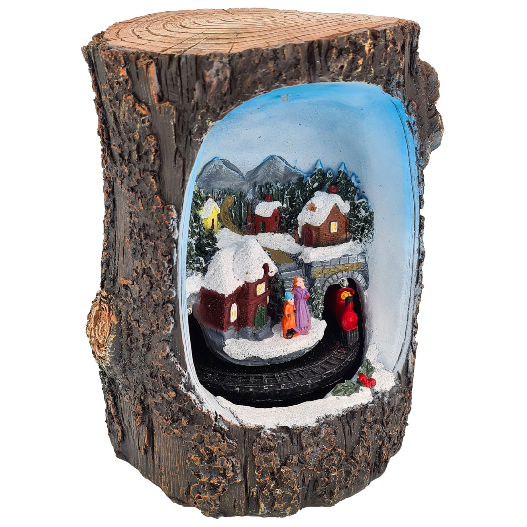 Dekofigur Baumstumpf | Winterdorf | LEDs |  Batteriebetrieben