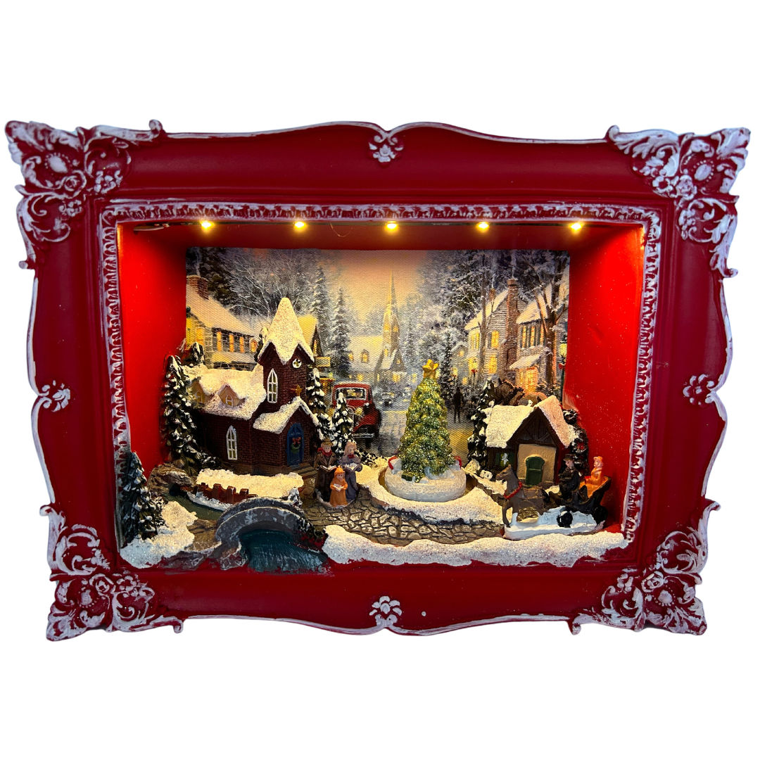 Wandbild Winterszene & Spieluhr | Weihnachten | LEDs | Melodie | 21 cm H