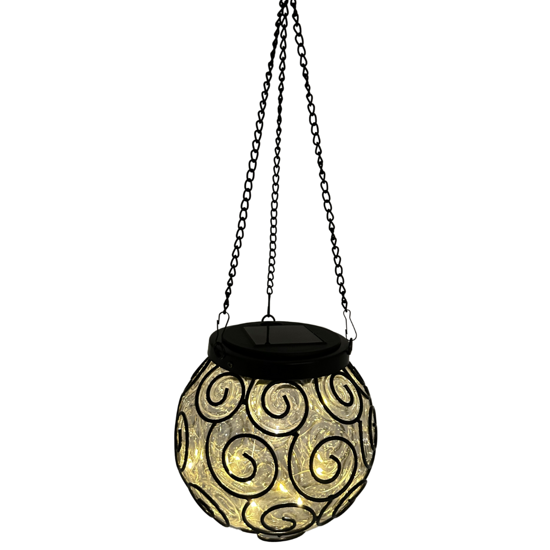 Solar Hängeleuchte | Kugel mit Ornamenten | LEDs | Solarpanel | Lichtsensor