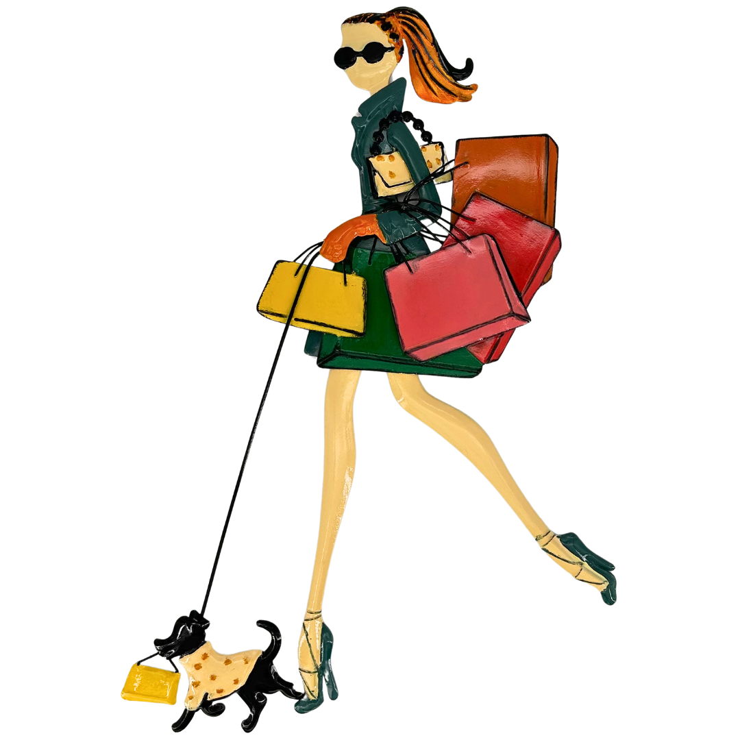 Wanddeko Frau mit Einkaufstaschen und Hund | Metall | 55 cm H