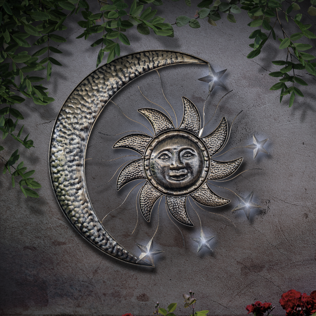 Wanddeko Sonne & Mond | LEDs | Solarpanel | Lichtsensor | 70 cm B