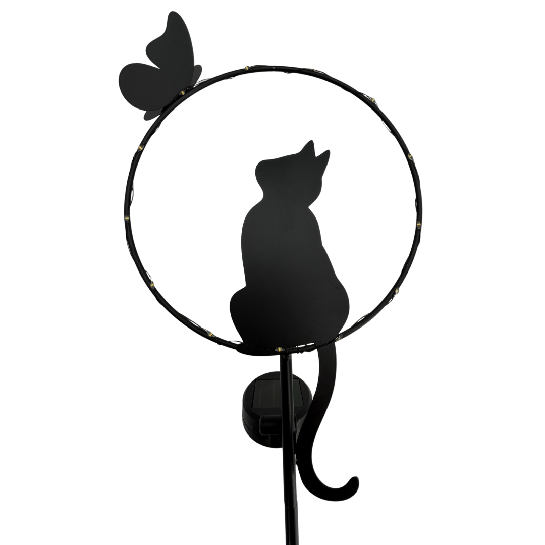 Gartenstecker Katze mit Schmetterling | LEDs | Solarpanel | Lichtsensor | 91 cm H