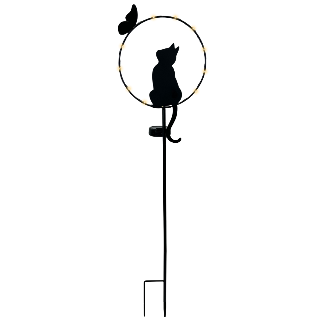 Gartenstecker Katze mit Schmetterling | LEDs | Solarpanel | Lichtsensor | 91 cm H