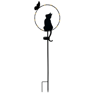 Gartenstecker Katze mit Schmetterling | LEDs | Solarpanel | Lichtsensor | 91 cm H