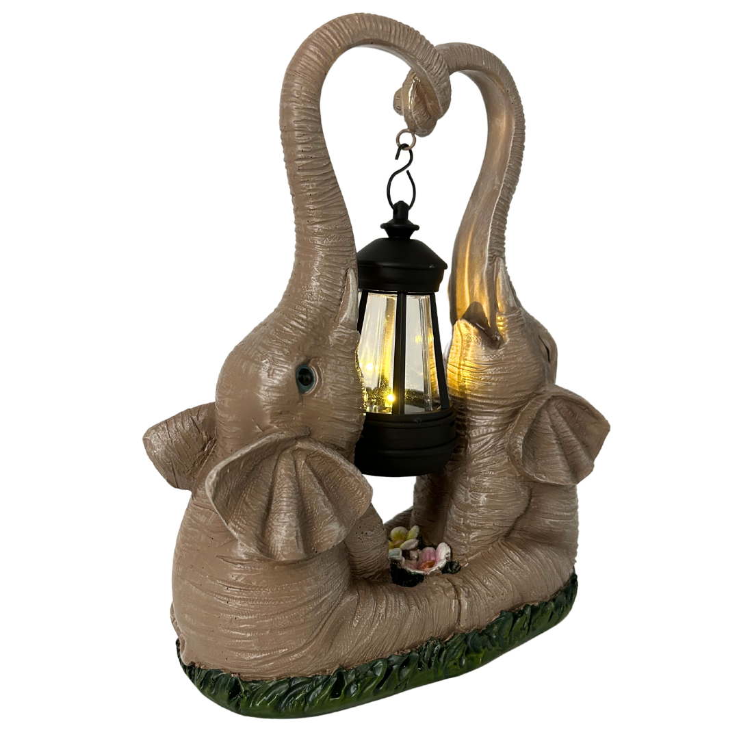 Gartenfigur Elefanten mit Laterne | LED | Solarpanel | Lichtsensor