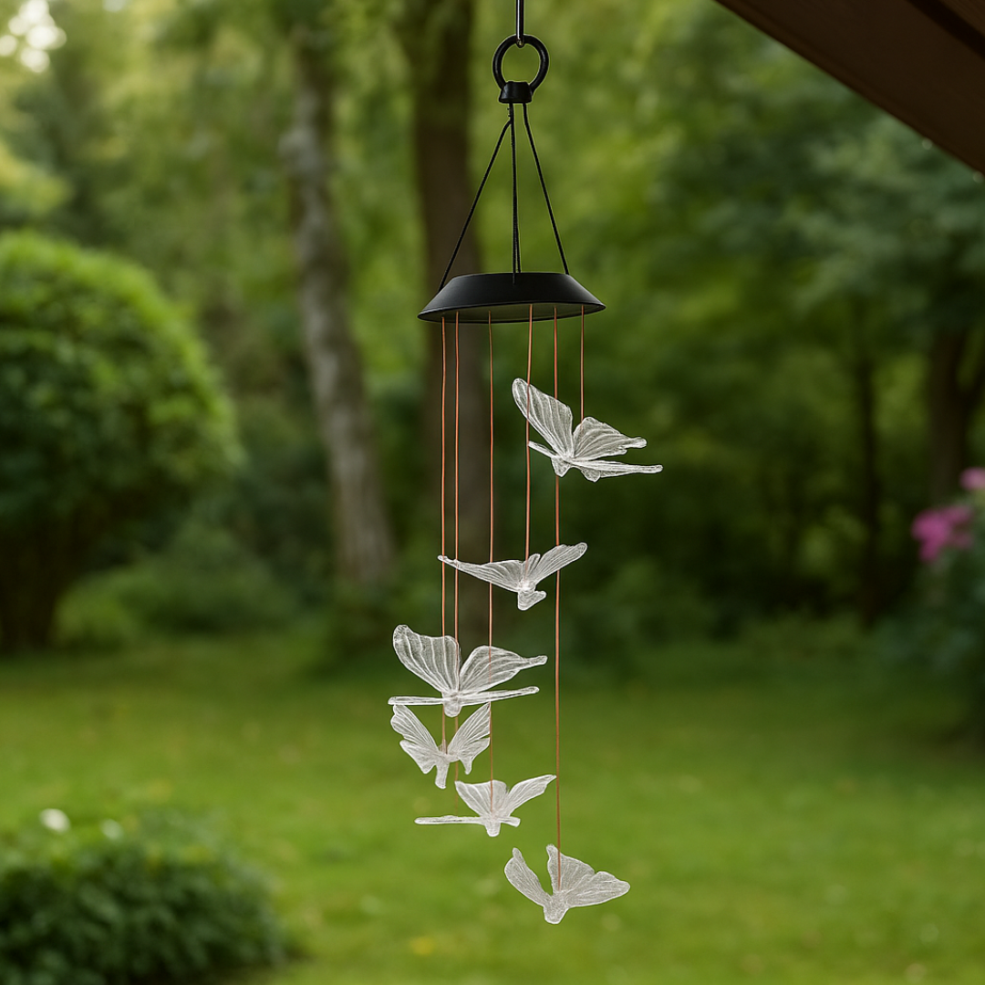 Solarhängeleuchte Schmetterlinge | LEDs | Solarpanel | Lichtsensor | Farbwechsel | 68 cm H
