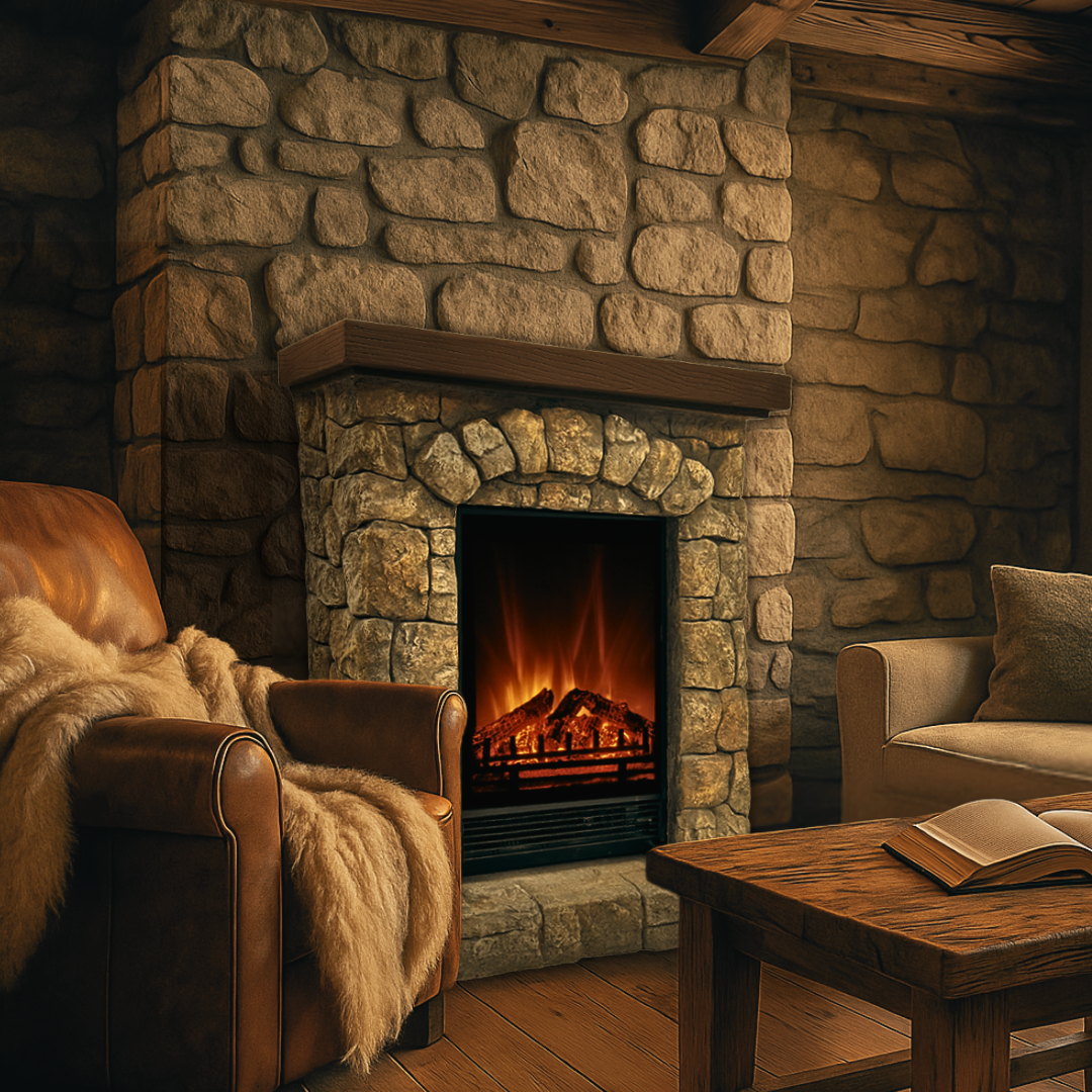 Elektrischer Kamin | Landhausstil | Natursteinoptik | Fernbedienung | Heizfunktion | realistische Flamme