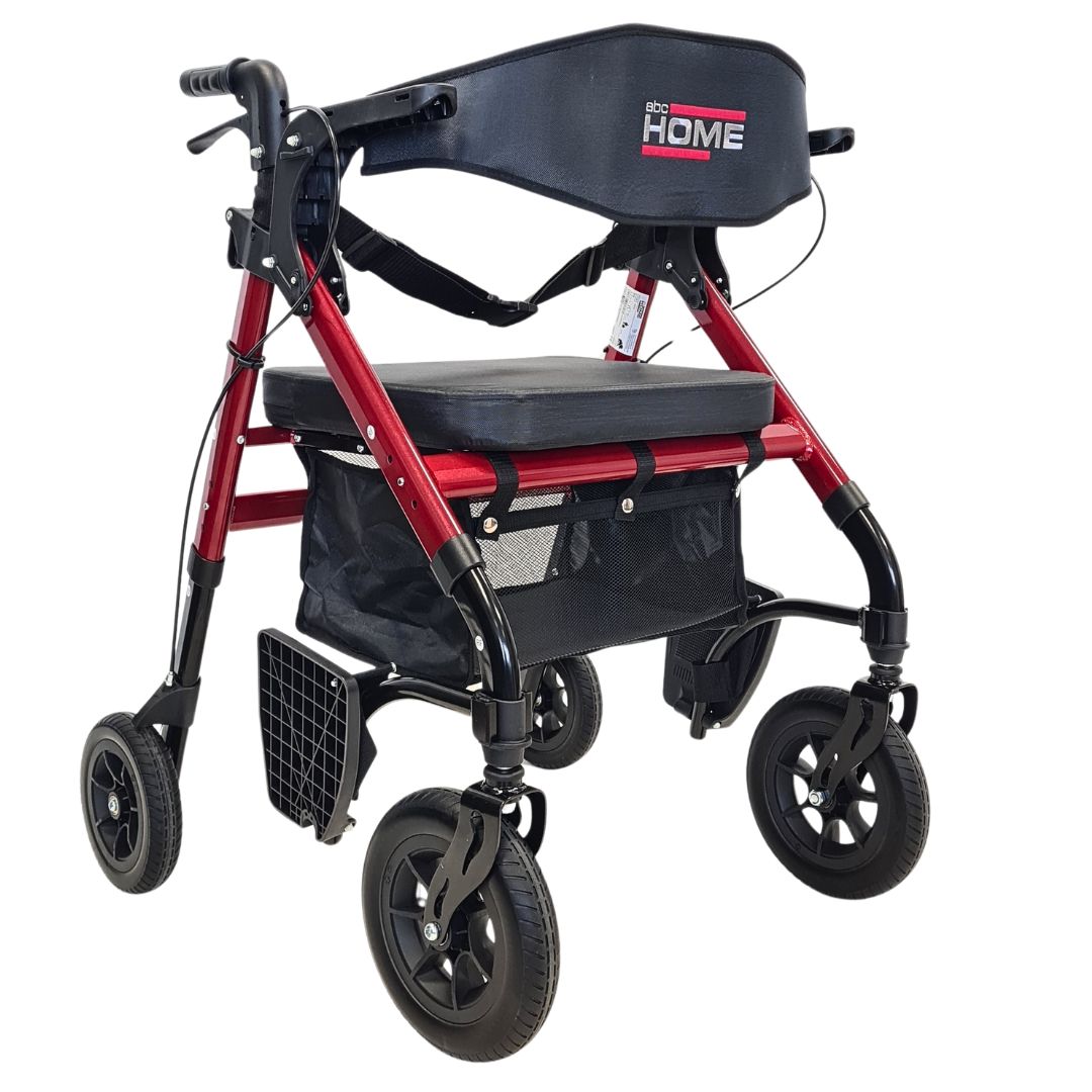 Outdoor Rollator mit Sitz & Fußstützen – Faltbarer Premium Rollator aus Aluminium | Rot, Verstellbar, Ergonomische Rückenlehne – Gehhilfe & Transportstuhl Kombi