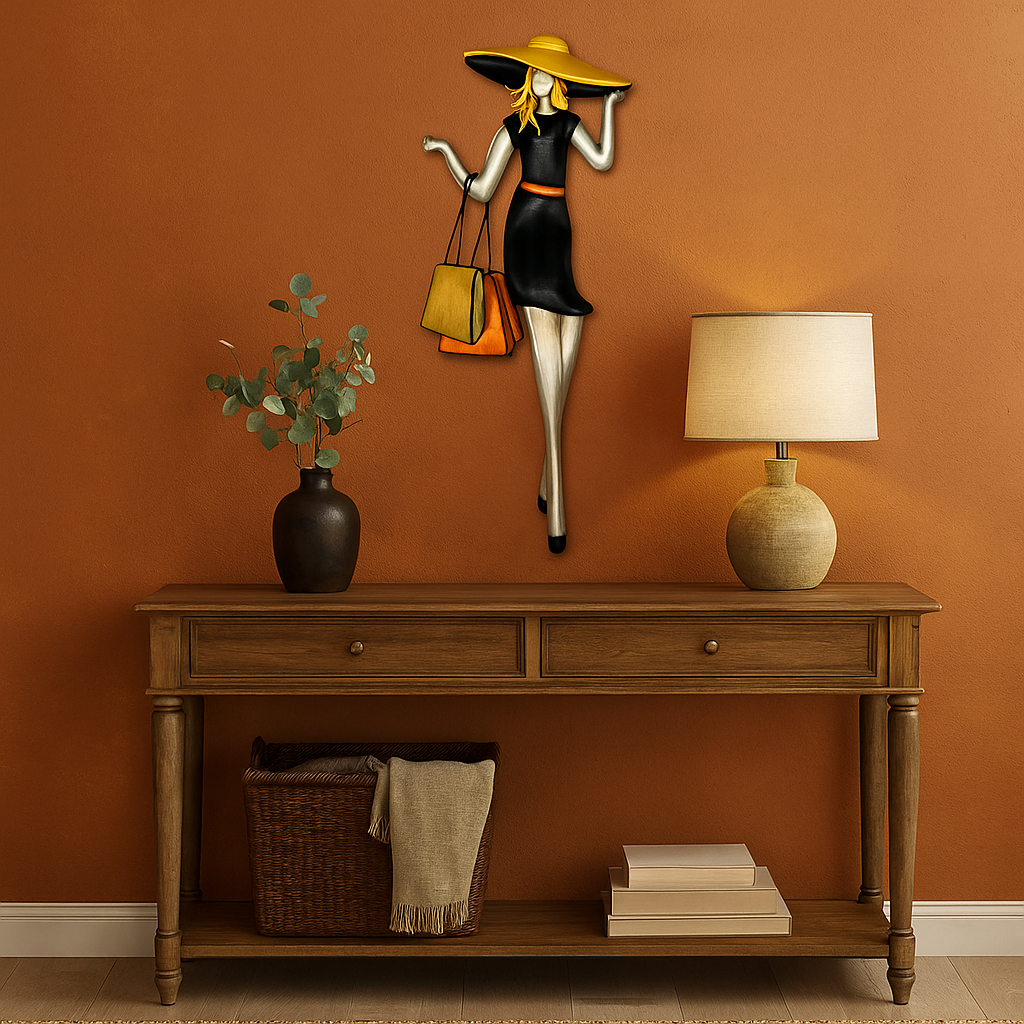 Wanddeko Frau mit Einkaufstaschen und Hut | Metall | 55 cm H