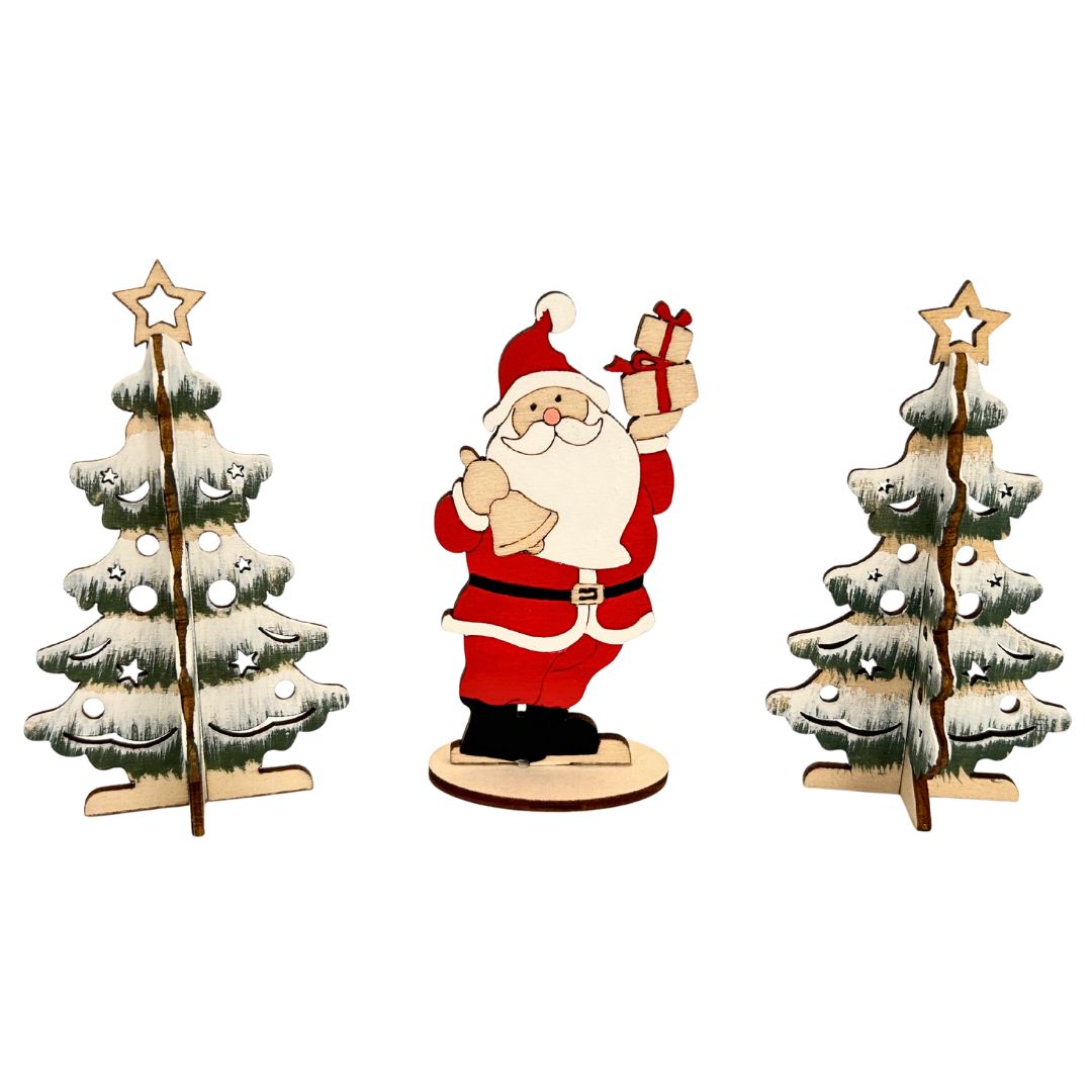 Weihnachtsdeko | Weihnachtsmann | Weihnachtsbäume | Holz | 3tlg.
