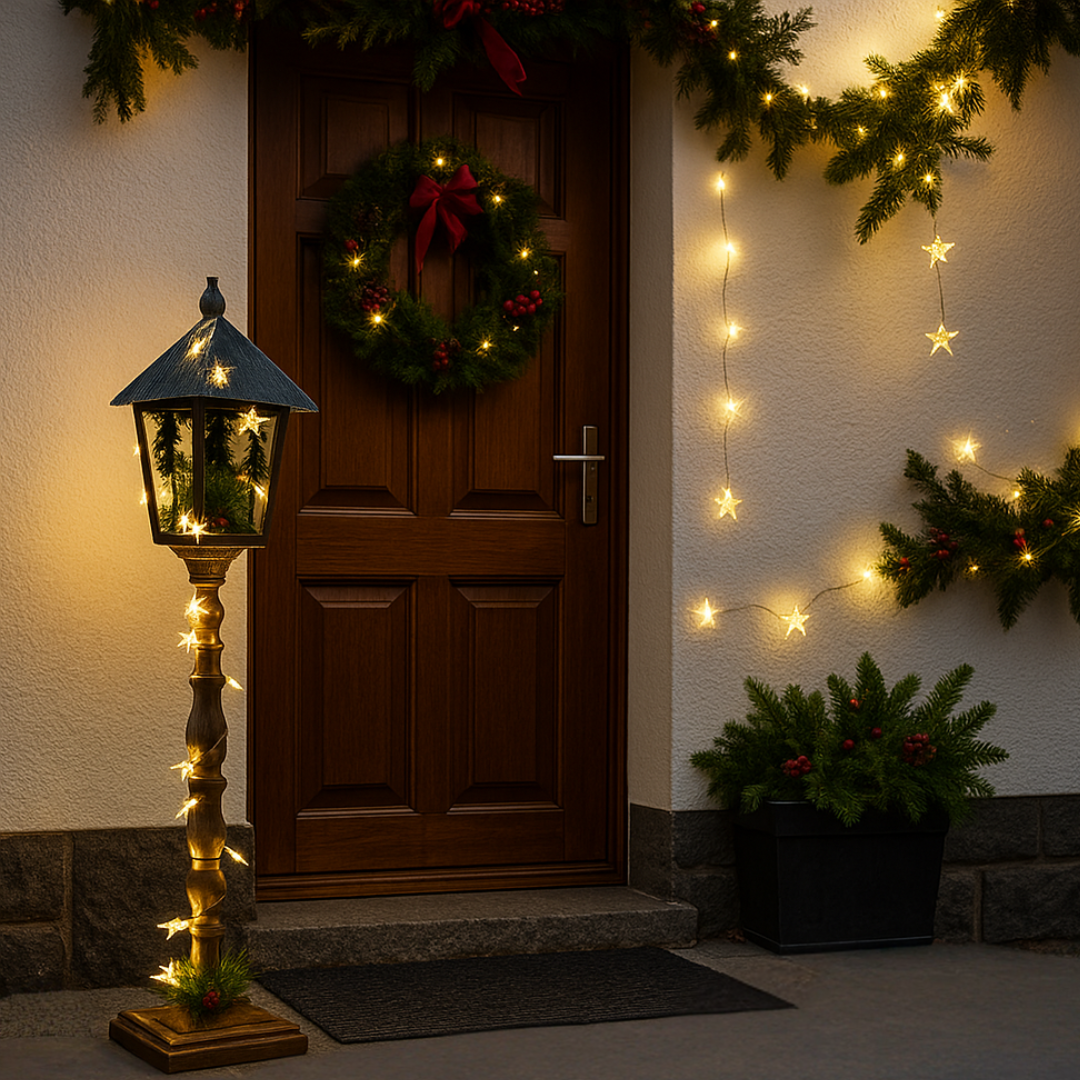 Laterne Weihnachten | LEDs | Holzoptik | Batteriebetrieben | 76 cm H