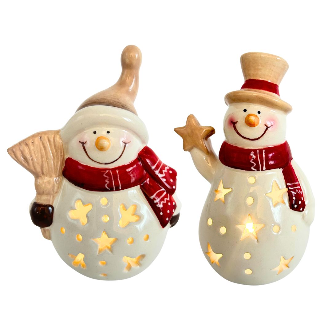 Dekofiguren Schneemänner | Keramik | LED | Batteriebetrieben