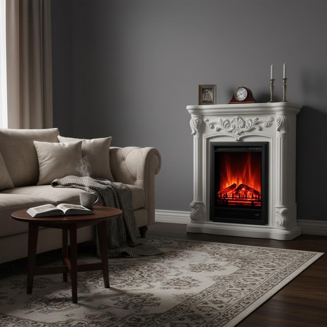 Dekorativer Elektrokamin im Barockstil mit Heizfunktion | Realistische Flammen für romantische Atmosphäre
