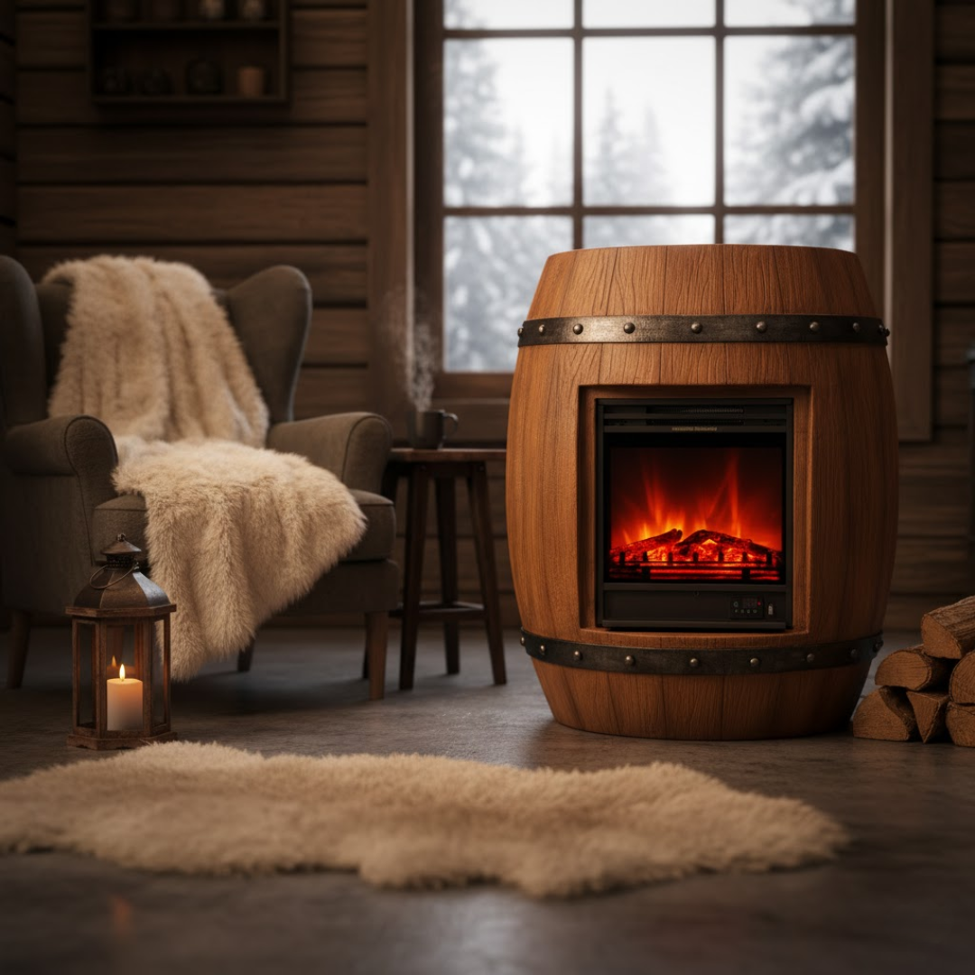 Außergewöhnlicher Elektrokamin im Fass-Design mit Heizfunktion | Rustikaler Charme und gemütliche Wärme