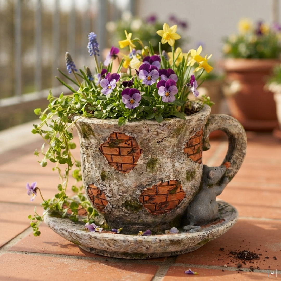abc HOME – Pflanzentopf Tasse – Kreativer Übertopf – Magnesiumoxid – Ziegelstein-Optik