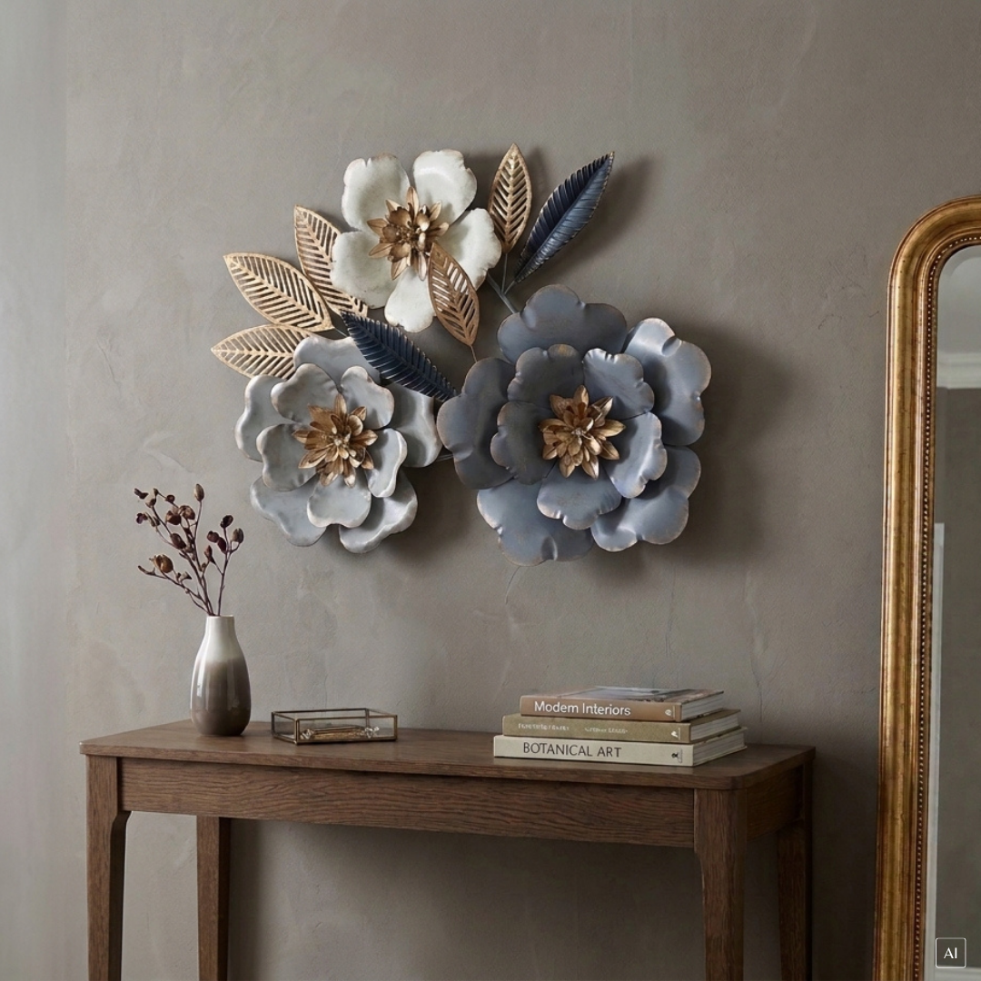 abc HOME – Wanddeko Blumen – Wandschmuck aus Metall in Gold & Grau