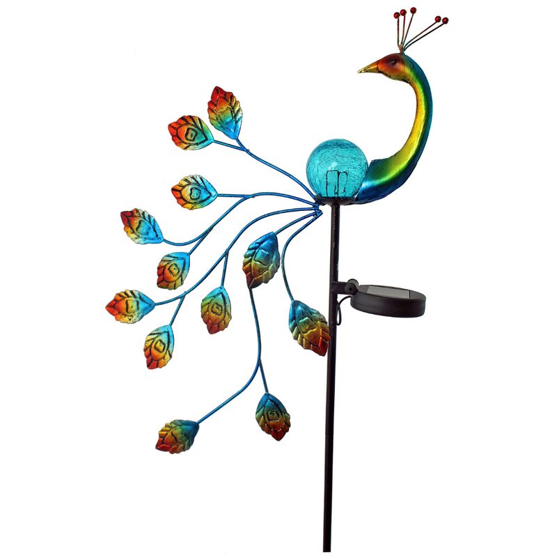 abc HOME – Solar Gartenstecker Pfau – Dekoleuchte mit Glaskugel – Metall & Glas – 92 cm