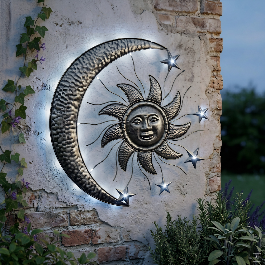 Wanddeko Sonne & Mond | LEDs | Solarpanel | Lichtsensor | 70 cm B