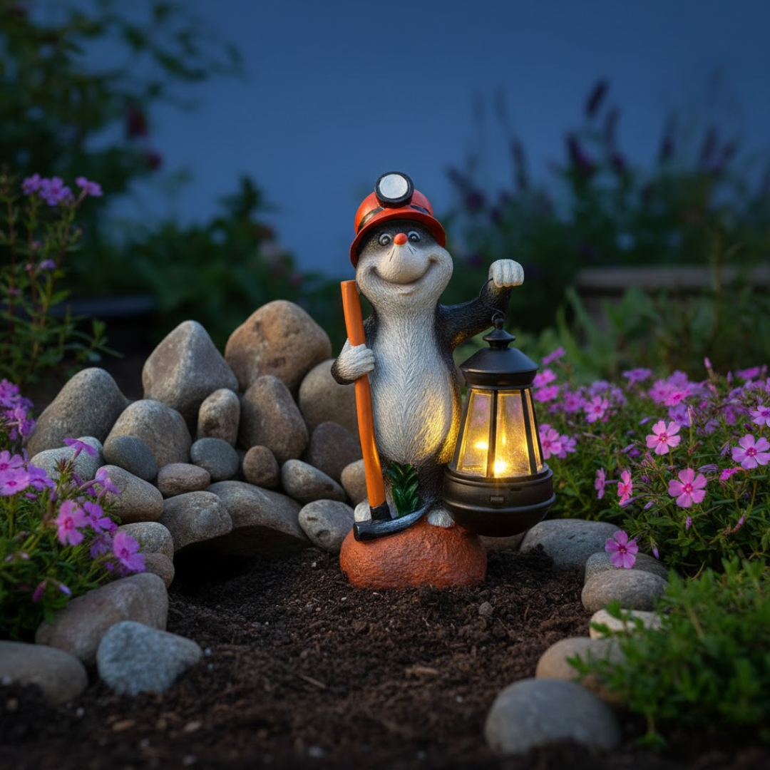 Gartenfigur Maulwurf mit Laterne | LED | Solarpanel | Lichtsensor