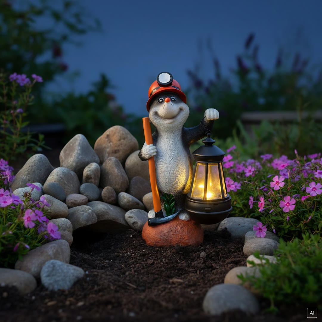 Gartenfigur Maulwurf mit Laterne | LED | Solarpanel | Lichtsensor