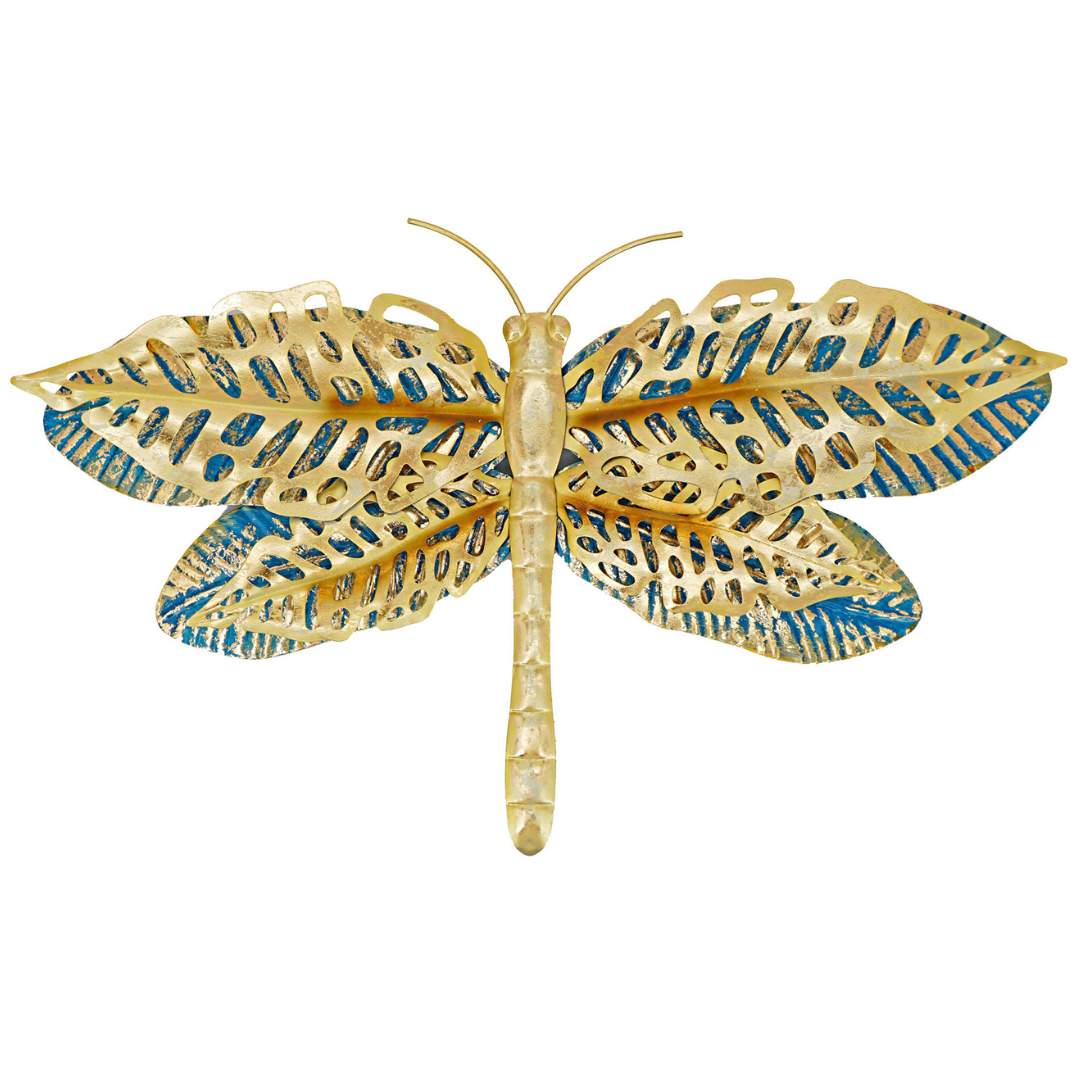 abc HOME – Wanddeko Schmetterling Libelle Blume – Wandbild aus Metall – Gold & Türkis