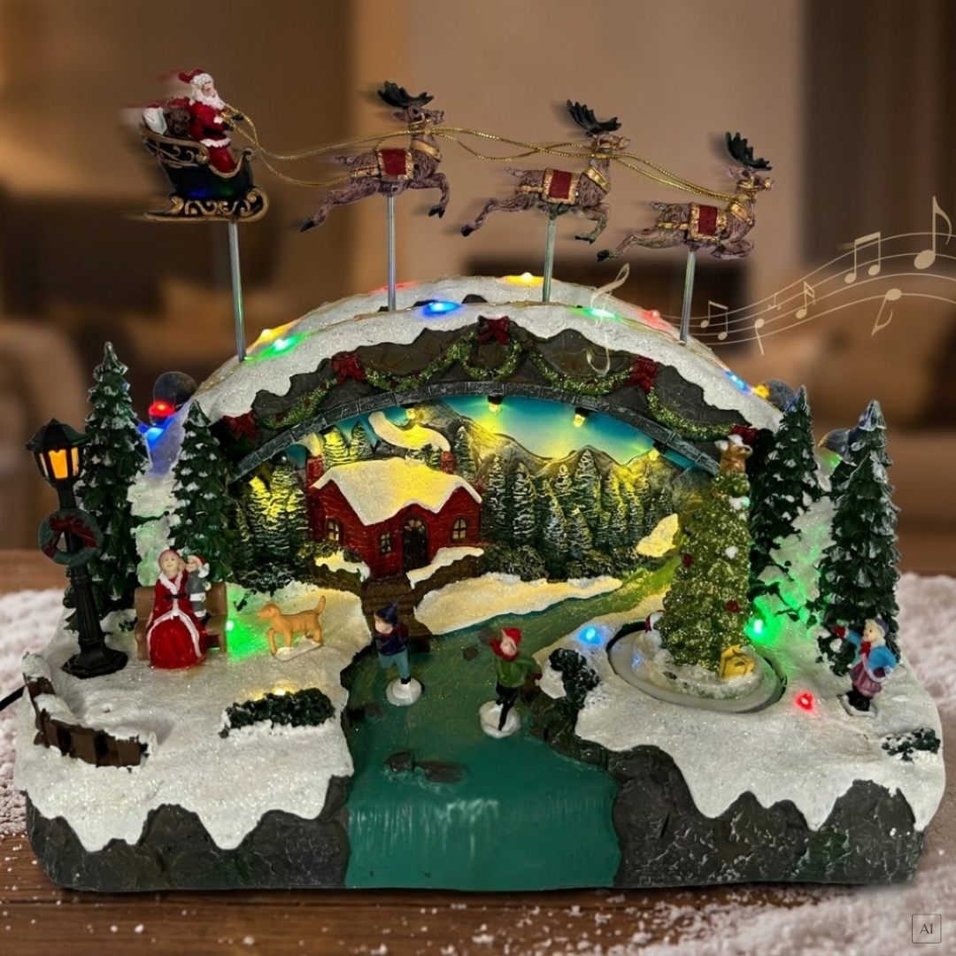 abc HOME – Weihnachtsspieluhr – Schlitten mit Rentieren & LED – Kunststoff – 34 cm