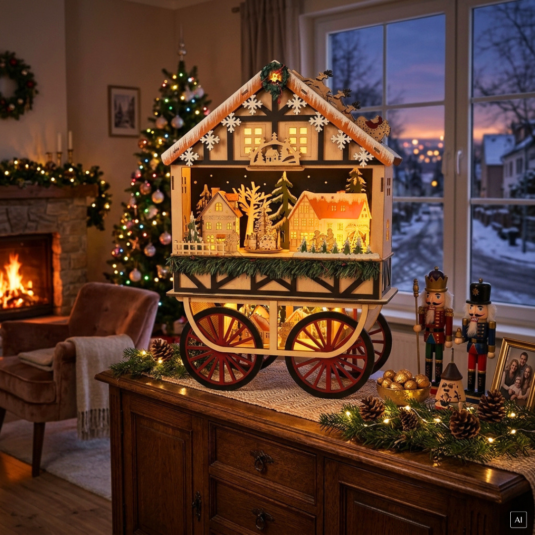 abc HOME – Weihnachtsspieluhr – Beleuchtetes Holzdorf auf Rädern – Sperrholz – 48 cm