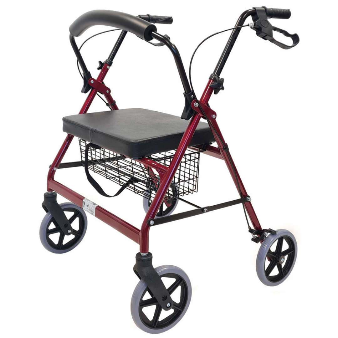 Rollator | klappbar | Metallkorb | extra breite Sitzfläche | verstellbare Höhe, Farbe: Rot
