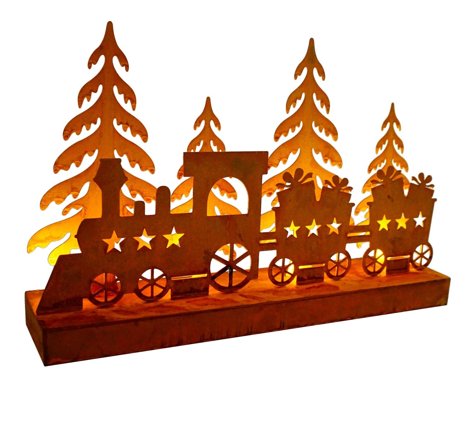 Nostalgische Weihnachtsstimmung mit der beleuchteten Dampflok (35 cm B)

Verzaubern Sie Ihr Zuhause mit dieser stimmungsvollen Dekofigur in Edelrost-Optik und schaffen Sie eine einzigartige Weihnachtsatmosphäre.

Eigenschaften:

Weihnachtliches Design: Die detaillierte Gestaltung der Dampflok mit integrierten LEDs sorgt für festliche Stimmung.
Hochwertiges Material: Die Dekofigur ist aus robustem Edelrost gefertigt und garantiert lange Freude an Ihrer Weihnachtsdekoration.
Batteriebetrieben: Die LEDs werden mit Batterien betrieben, so dass Sie die Dekofigur flexibel platzieren können.
Perfekte Geschenkidee: Die beleuchtete Dampflok im Edelrost-Look ist ein tolles Geschenk für Eisenbahnfans, Weihnachtsliebhaber und alle, die Wert auf stimmungsvolle Dekoration legen.
Maße: Breite 35 cm
Keywords: Dekofigur, Dampflok, Weihnachten, LEDs, batteriebetrieben, Edelrost, nostalgisch, stimmungsvoll, festlich, hochwertig, Geschenkidee, Eisenbahn, Dekoration